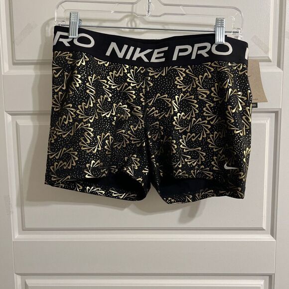 Nike Shorts Women L NWT Black Gold Printed Training‎ Pro GRX Dri-Fit 3" - Picture 1 of 2